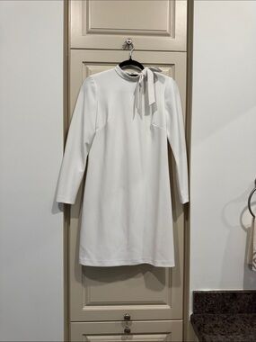 Calvin Klein White Long-Sleeve Tie-Neck Shift Dress